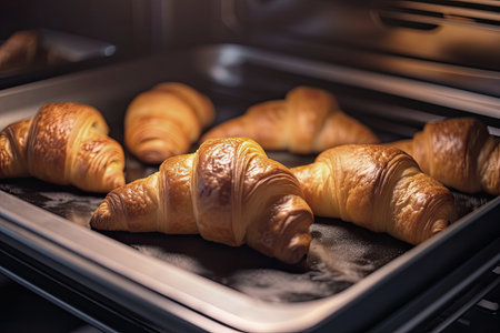 Croissants on a tray fresh from the oven.の素材