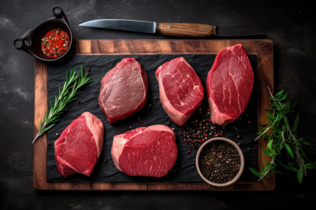 Raw meats with spices and utensils on a rustic cutting board and dark wood. top view.の素材