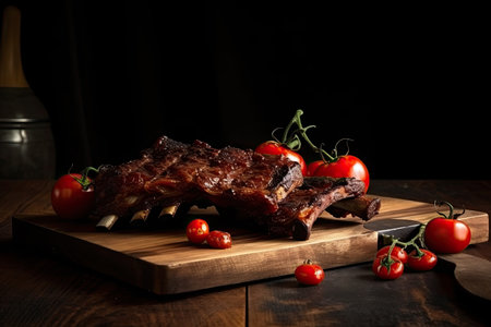 Hot grilled spare ribs with barbecue sauce on cutting board and black background.の素材