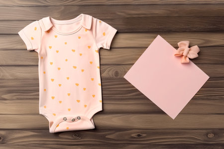 Mockup pink baby romper and pink empty note on wooden table. top view.の素材