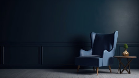 Blue armchair against blue wall in living room interior. Elegant interior design with copy space.の素材