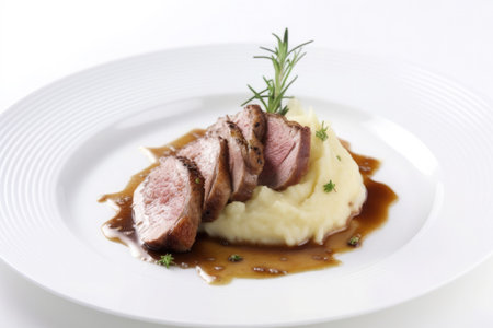 Glazed duck fillet with mashed potatoes and sauce served on white plate on white background.の素材