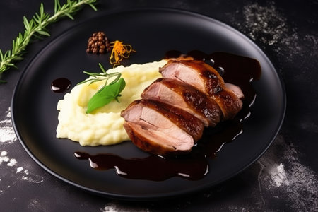 Glazed duck fillet with mashed potatoes and sauce served on a fancy restaurant plate.の素材