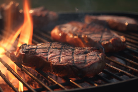 Grilled beef steaks with spices and herbs on outdoor bbq.の素材