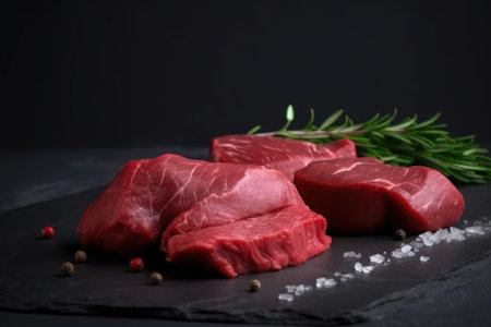 Raw meat steak with herbs and spices on black background.の素材