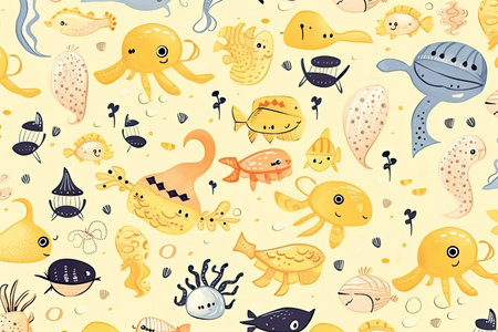 illustration of marine animals on a yellow background.の素材