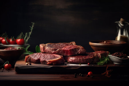 Raw meats with spices and utensils on a rustic cutting board and dark wood with copy space.の素材