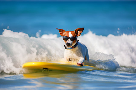 Jack russell dog surfing on a wave. Sunny day. Summer concept. AI generative.の素材