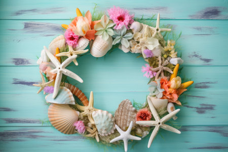 Summer wreath with starfish, shells and flowers on turquoise wooden surface. AI generative.の素材