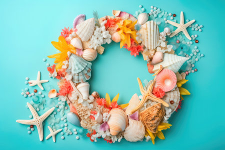 Summer wreath with starfish, shells and flowers on turquoise wooden surface. AI generative.の素材