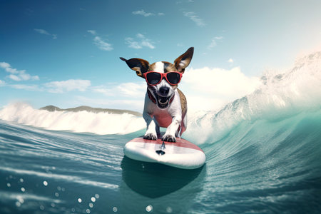 Jack russell dog surfing on a wave. Sunny day. Summer concept. AI generative.の素材