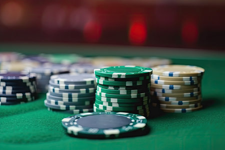 casino chips on green table surface with copyspace.の素材