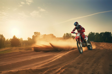 Motocross mounted motorcyclist doing a race on a dirt track.の素材