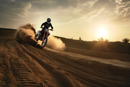 Motocross mounted motorcyclist doing a race on a dirt track.の素材