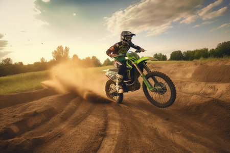 Motocross mounted motorcyclist doing a race on a dirt track.の素材