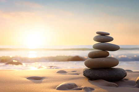 Zen stones balanced on the beach with copy space. Sunrise light. Meditation and relaxation.の素材