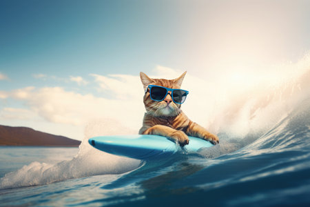 fanny cat surfing on a wave. Sunny day. Summer concept.の素材