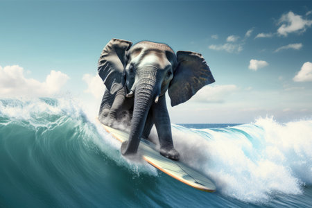 funny elephant surfing on a wave. Sunny day. Summer concept.の素材