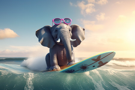 funny elephant surfing on a wave. Sunny day. Summer concept.の素材