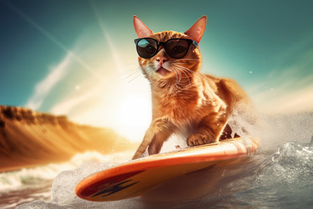 fanny cat surfing on a wave. Sunny day. Summer concept.の素材