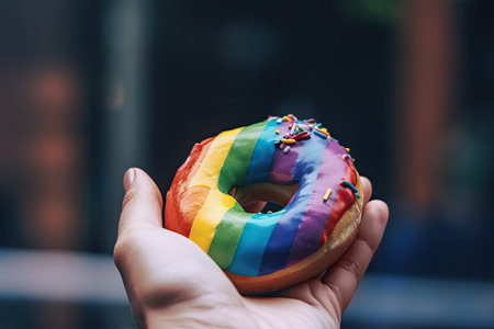 Holding a rainbow colored glazed donut. AI generative.の素材