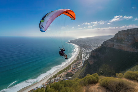 A person paragliding on coast landscape. AI generative.の素材
