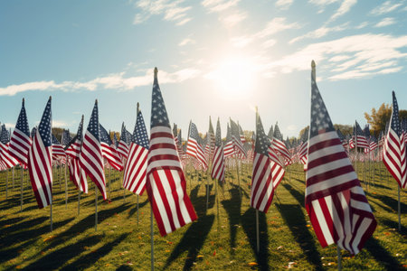grass plain filled with american flag for independence day.の素材