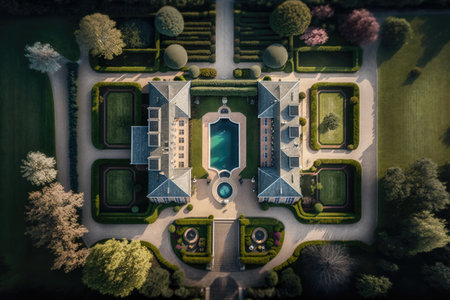 luxurious mansion with garden and a lake. Ai generativeの素材