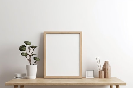 Empty picture frame mockup on wooden desk, table. Scandinavian interior design.の素材