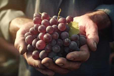 Farmer holding in his hands a bunch of freshly picked grapes. Ai generativeの素材