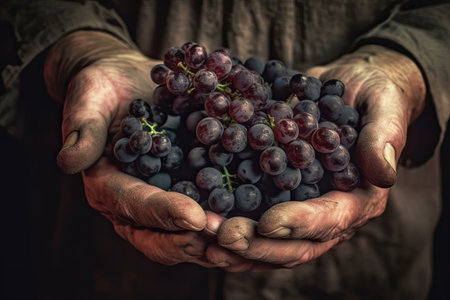 Farmer holding in his hands a bunch of freshly picked grapes. Ai generativeの素材
