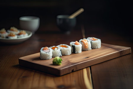 Salmon and rice sushi rolls on wooden table at restaurant.の素材