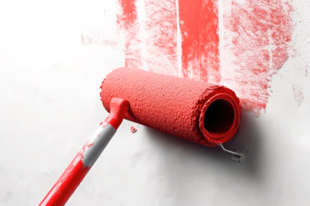 Close up of Roller painting a white wall with red paint.の素材