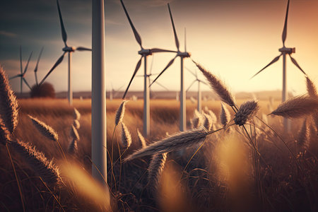 Windmills in a wheat field with evening light.の素材