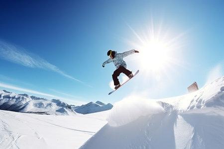 Jumping snowboarder on snowboard in mountains. AI generative.の素材