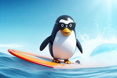 Funny penguin surfing on a wave. Sunny day. Summer concept. AI generative.の素材