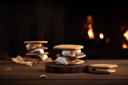 Homemade traditional smore on wooden table. AI generative.の素材