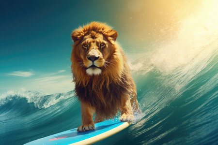 Funny lion surfing on a wave. Sunny day. Summer concept. AI generative.の素材