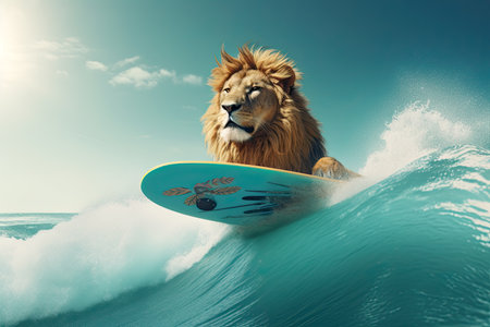 Funny lion surfing on a wave. Sunny day. Summer concept. AI generative.の素材