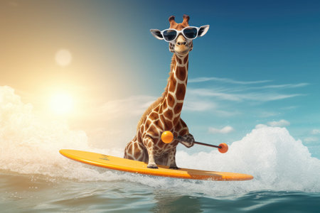 Funny giraffe surfing on a wave. Sunny day. Summer concept. AI generative.の素材