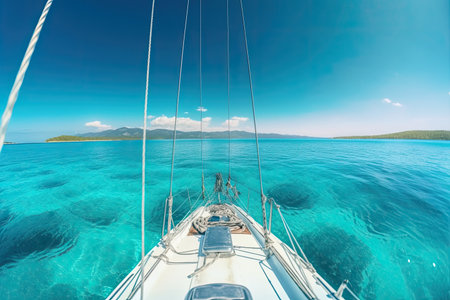 white sailboat sailing around some paradisiacal islands. View from the deck to the bow, mast, sails.の素材