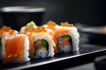 Salmon and rice sushi rolls on wooden table at restaurant.の素材