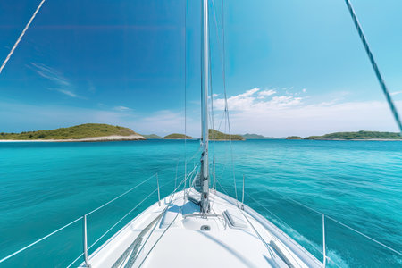 white sailboat sailing around some paradisiacal islands. View from the deck to the bow, mast, sails.の素材