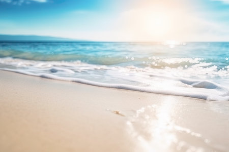background of a paradise beach with white sand and turquoise sea with sunbeams.の素材