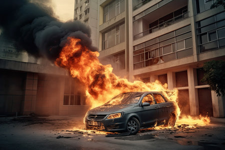 cars on fire in the city. Ai generativeの素材
