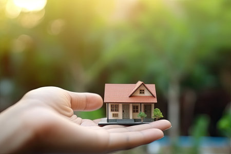 woman showing with one hand a mini house. Real estate concept.の素材