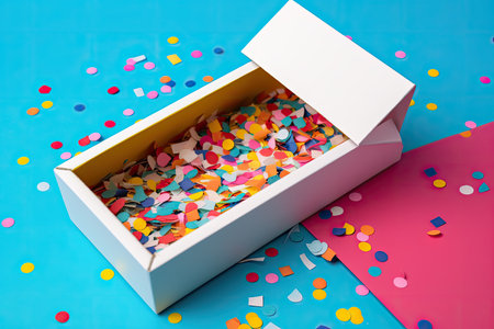 Colorful confetti in a box on blue background. AI generative.の素材
