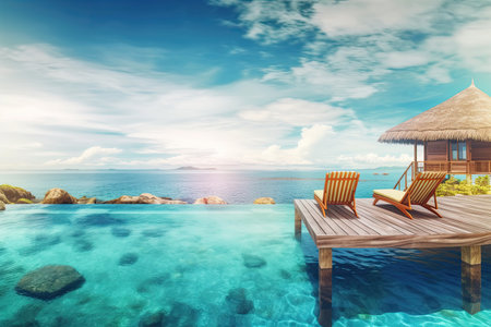 Vacation luxury resort with a swimming pool, hammock and umbrellas. Ai generativeの素材