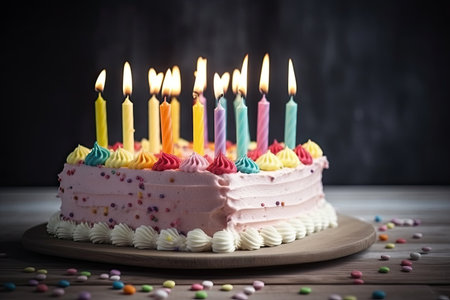 birthday strawberry cake with colored candles on wooden table and black background.の素材