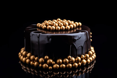 dark chocolate cake decorated with golden balls on a black background.の素材